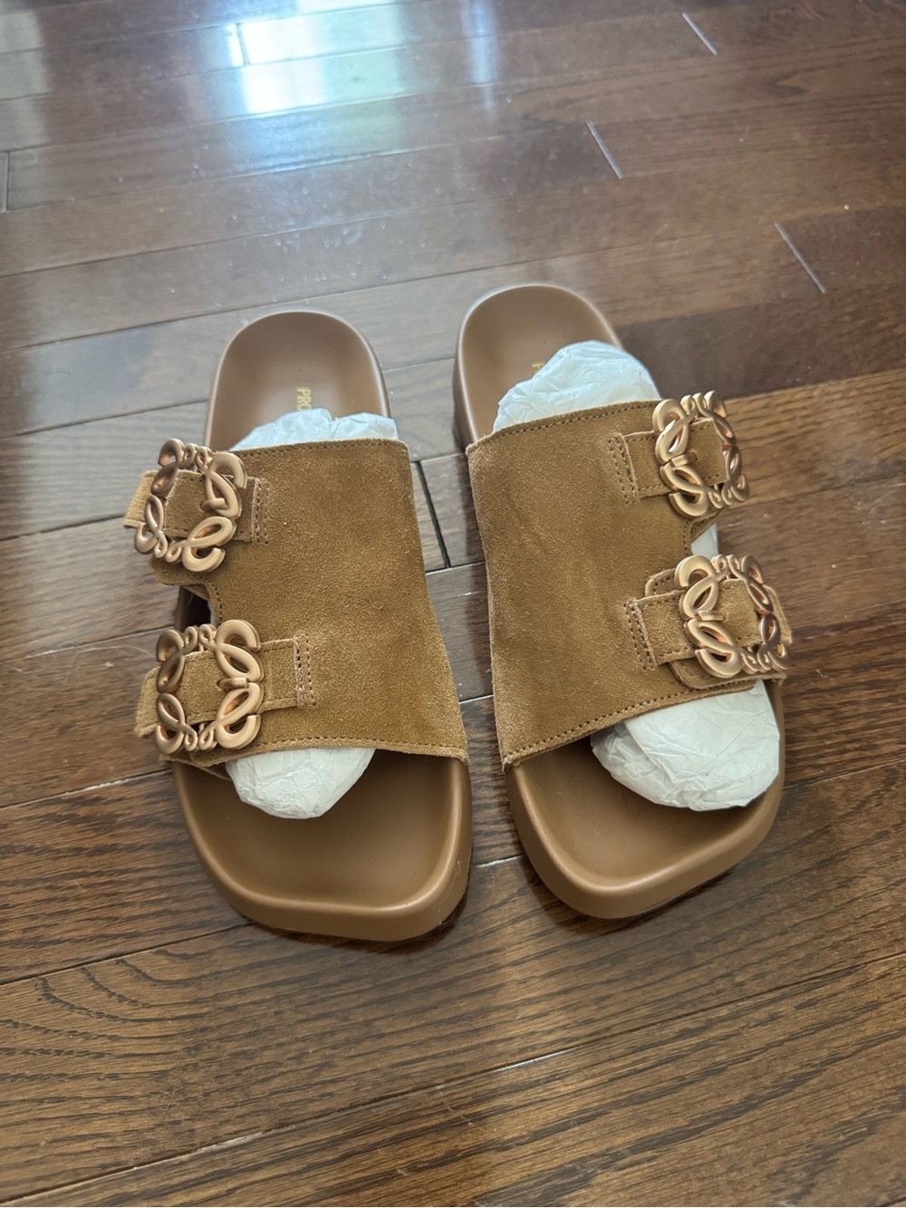 Women's Double-Buckle Suede Slide Sandals in Tan